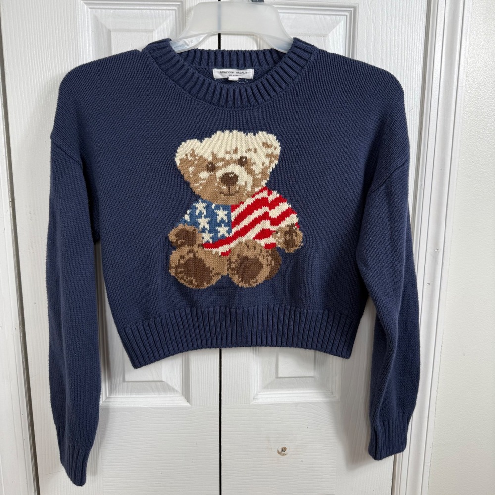 Grayson Threads Teddy Bear Sweater S Blue Americana Y2K Preppy Cropped Knit